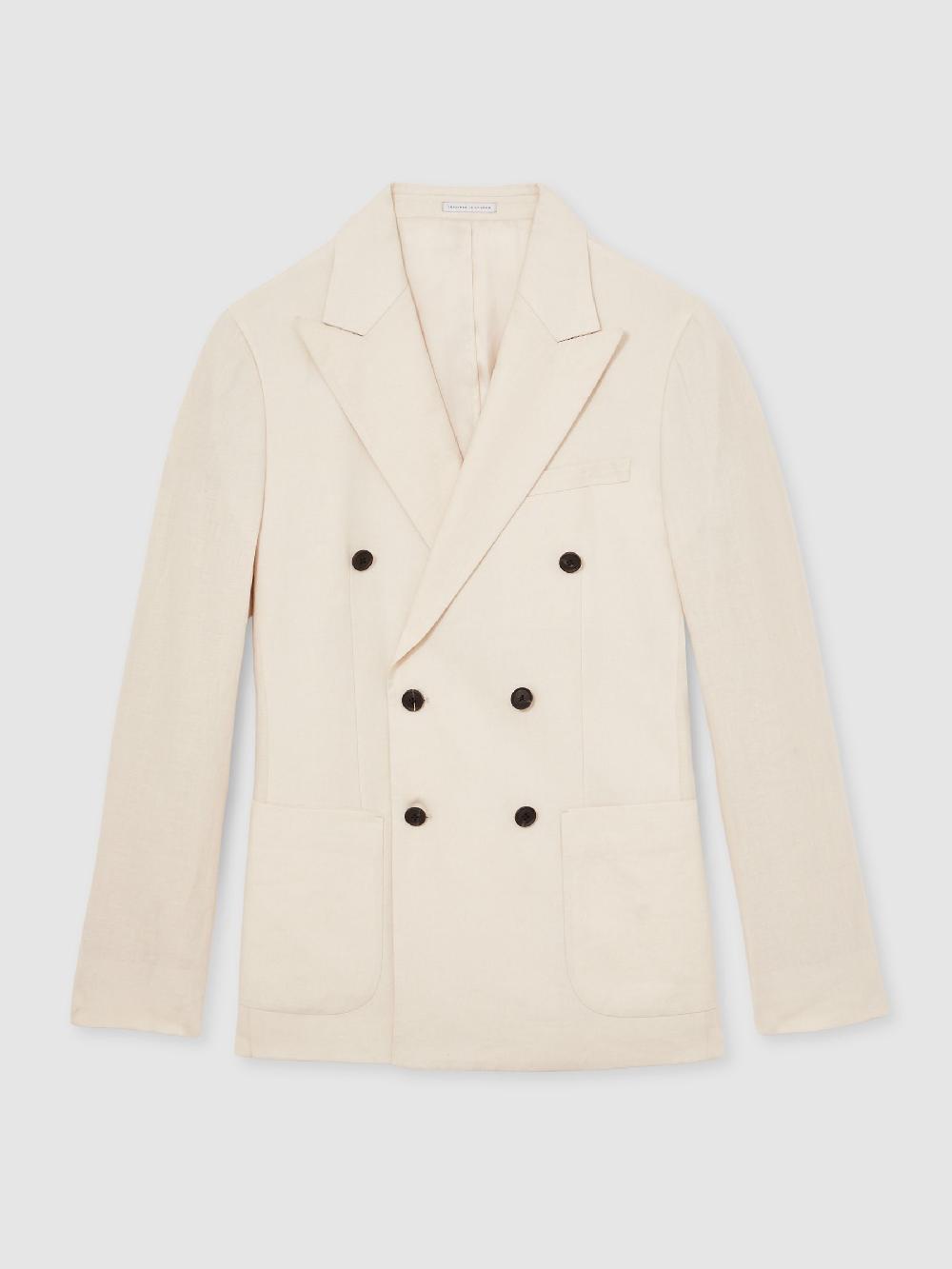 Reiss Linen Double-Breasted Suit Slim-Fit Blazer In Stone