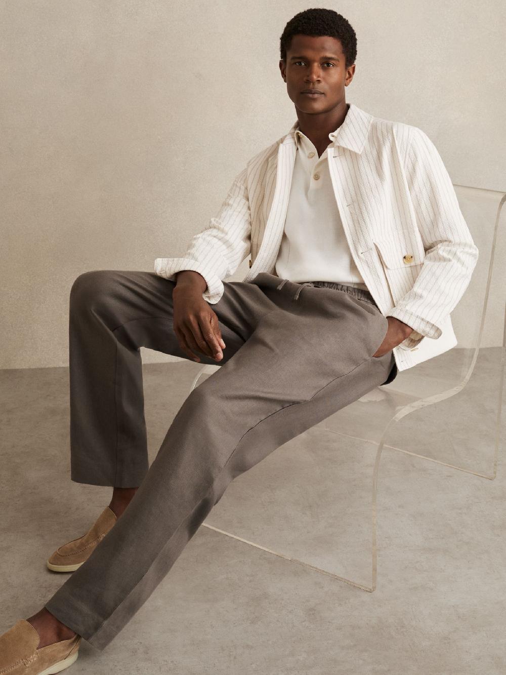 Reiss Linen Drawstring Relaxed-Fit Trousers In Mushroom Brown