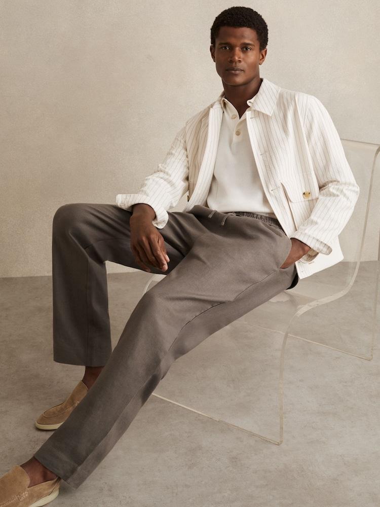 reiss Linen Drawstring Relaxed-Fit Trousers in Mushroom Brown