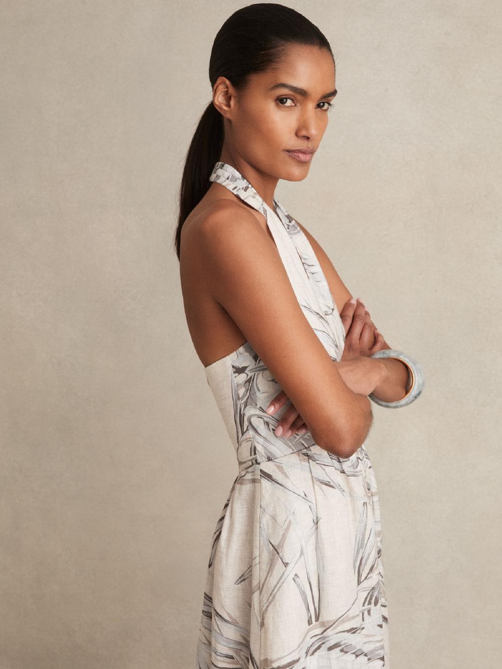 Reiss Linen Palm Print Halterneck Midi Dress In Neutral
