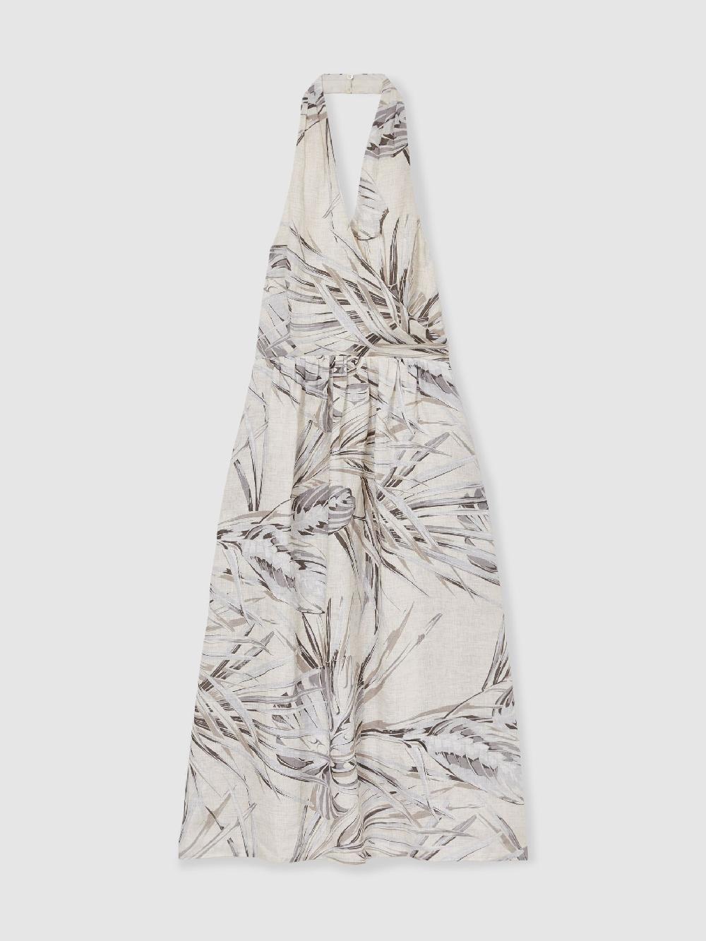 Reiss Linen Palm Print Halterneck Midi Dress In Neutral