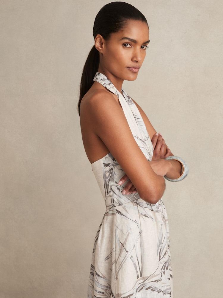 reiss Linen Palm Print Halterneck Midi Dress in Neutral