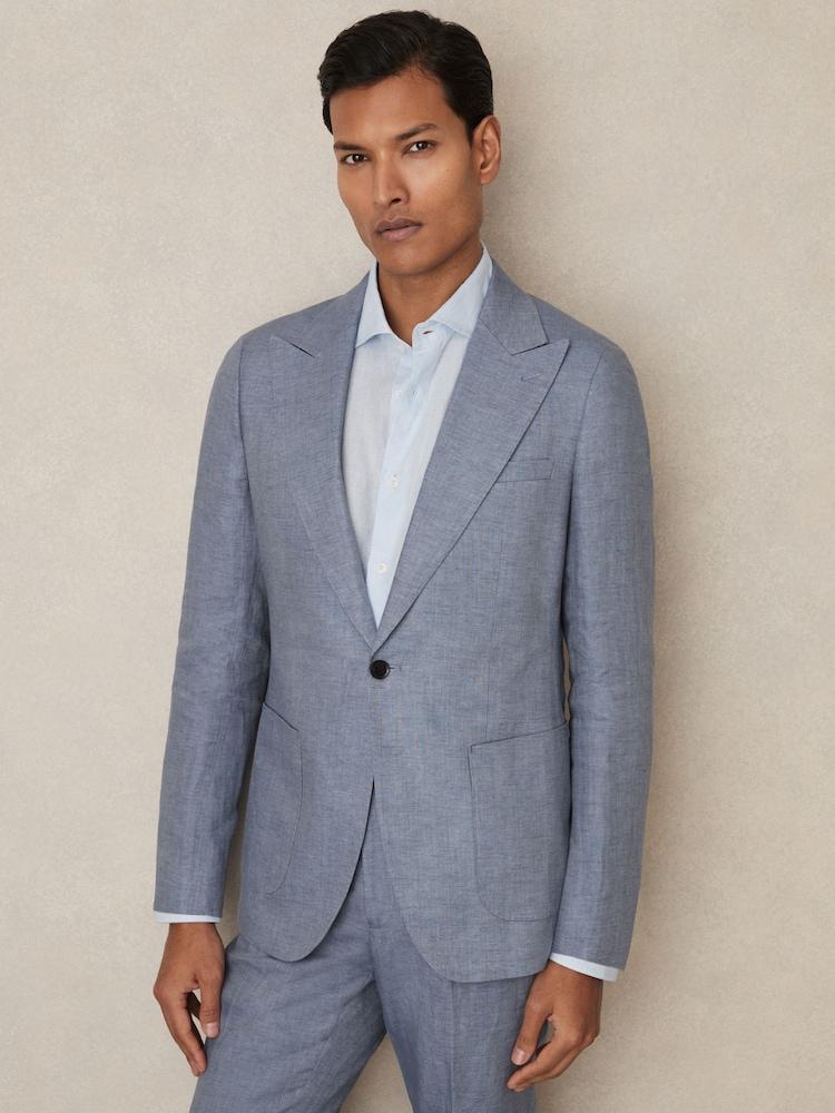 reiss Linen Single-Breasted Suit Blazer Slim-Fit in Airforce Blue