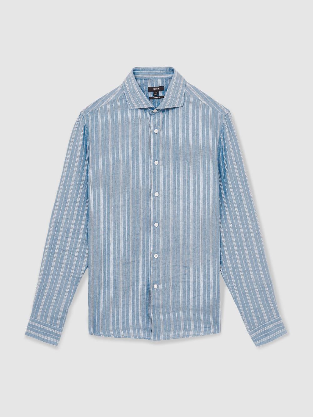 Reiss Linen Striped Long Sleeve Shirt In Airforce Blue/White Bengal Stripe
