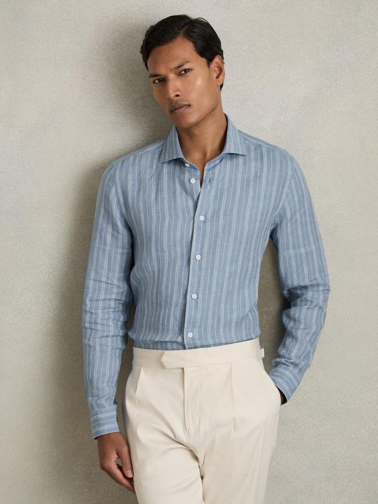 reiss Linen Striped Long Sleeve Shirt in Airforce Blue/White Bengal Stripe