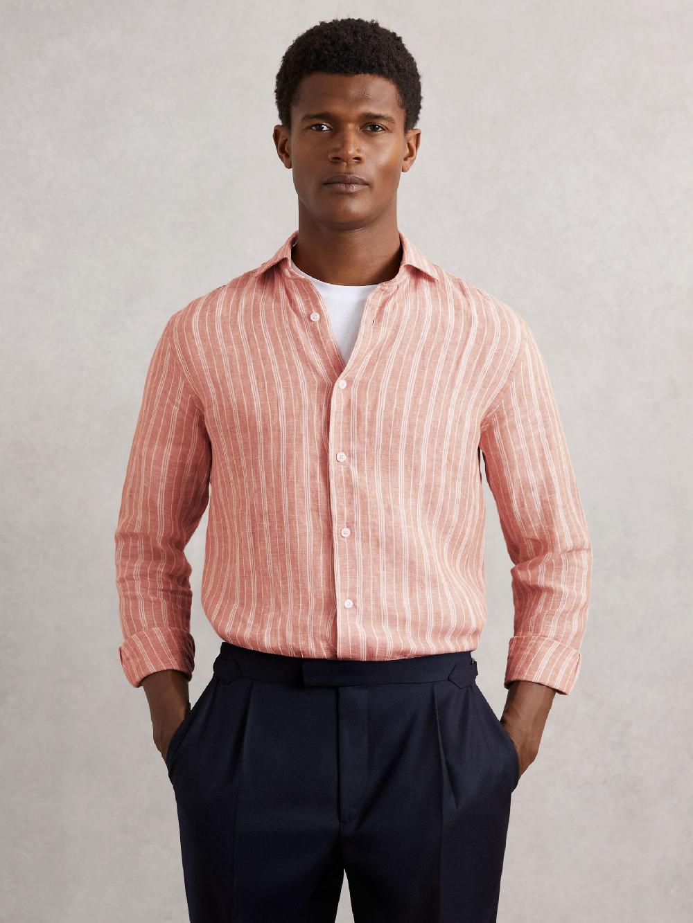 Reiss Linen Striped Long Sleeve Shirt In Pink Rose/White Bengal Stripe