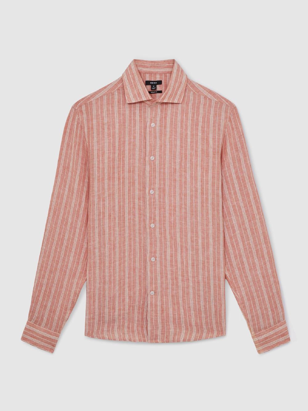 Reiss Linen Striped Long Sleeve Shirt In Pink Rose/White Bengal Stripe