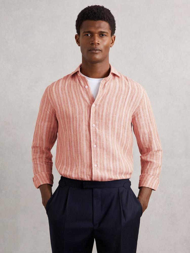 reiss Linen Striped Long Sleeve Shirt in Pink Rose/White Bengal Stripe
