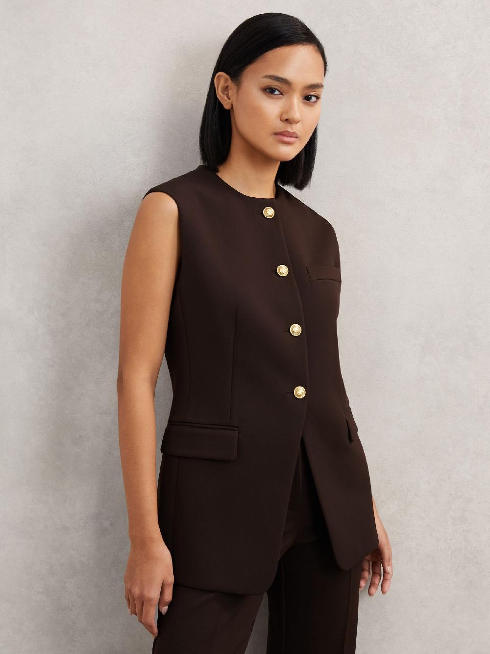 Reiss Longline Button-Through Waistcoat In Chocolate Brown