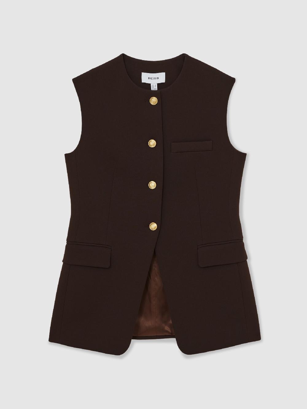 Reiss Longline Button-Through Waistcoat In Chocolate Brown