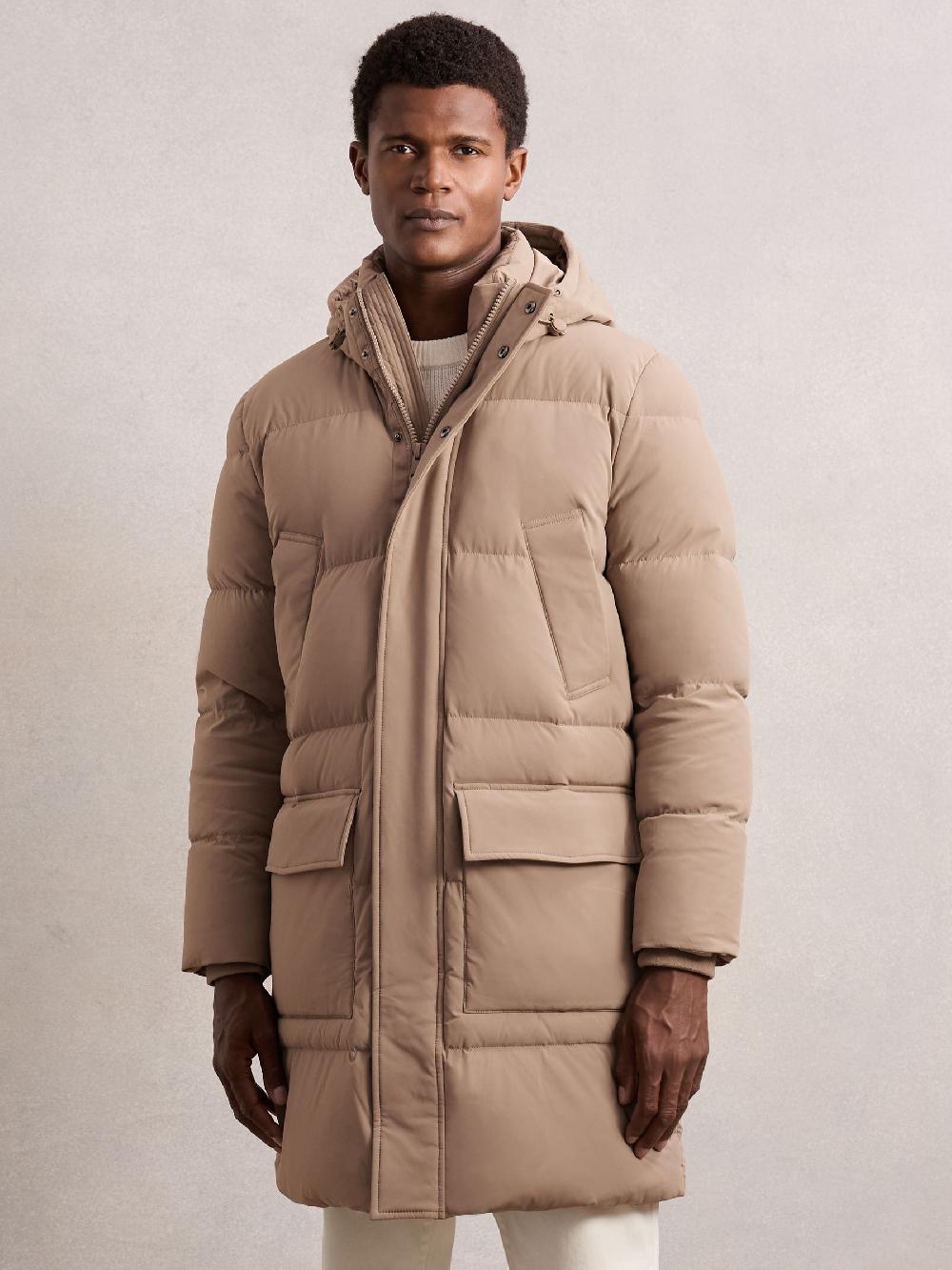 Reiss Longline Quilted Puffer Jacket In Light Camel Brown