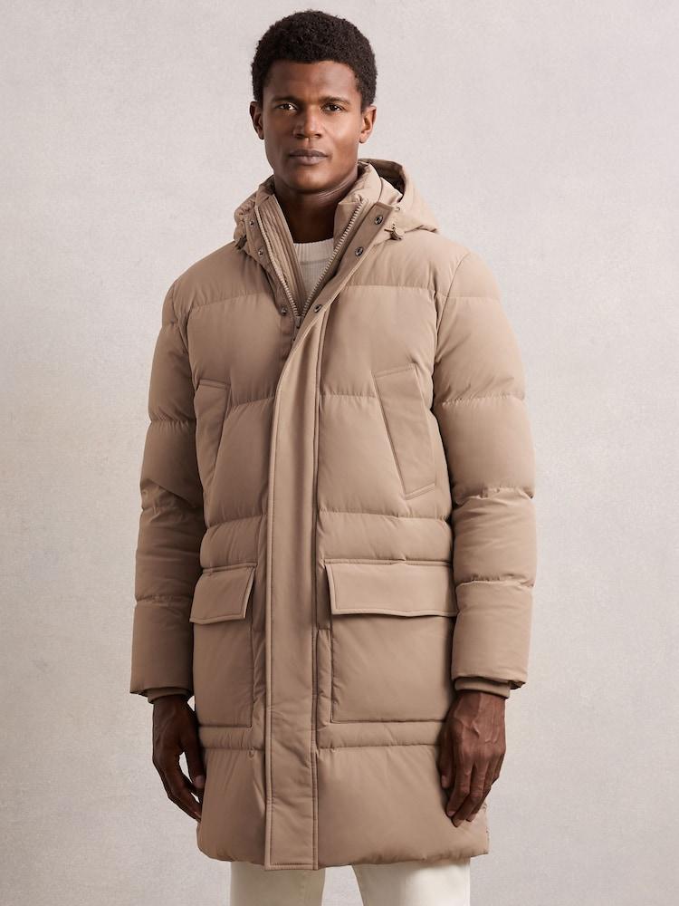 reiss Longline Quilted Puffer Jacket in Light Camel Brown