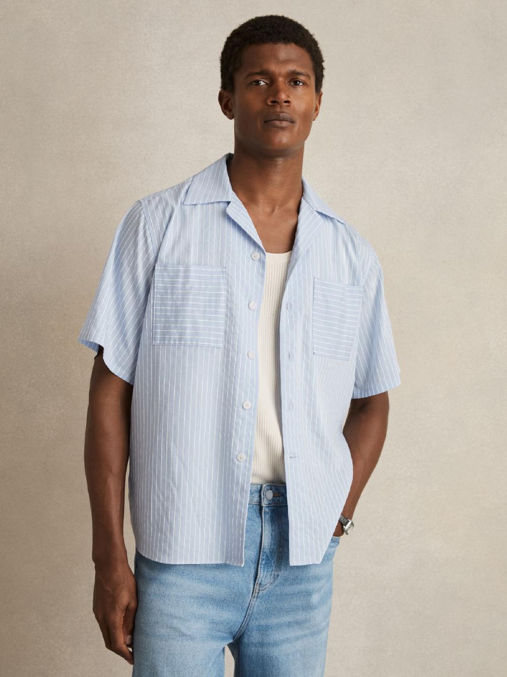 Reiss Lyocell-Blend Stripe Twin-Pocket Shirt In Soft Blue/White