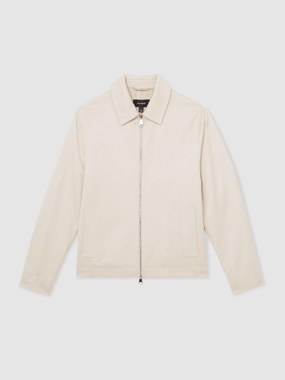 Reiss Lyocell-Cotton Zip-Through Twill Jacket In Ecru