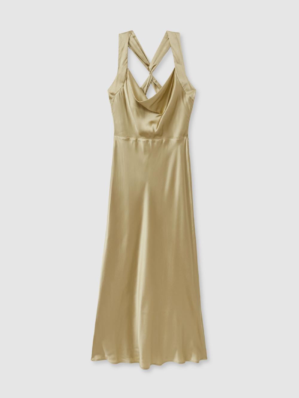 Reiss Marcel Olive Paige Olive Silk Satin Cowl Neck Midi Dress
