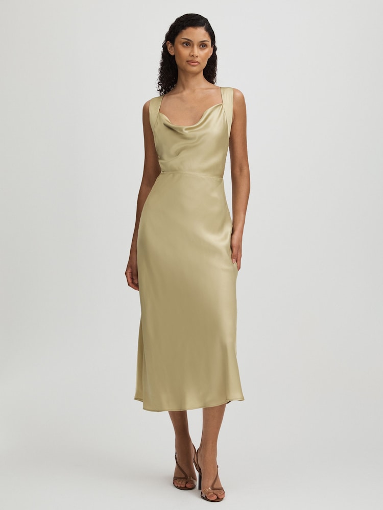 reiss Marcel Olive Paige Olive Silk Satin Cowl Neck Midi Dress