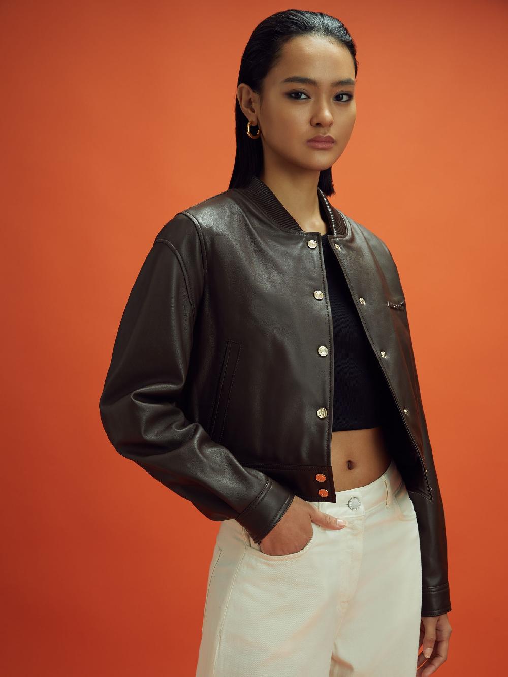 Reiss McLaren F1 Cropped Leather Bomber Jacket In Chocolate