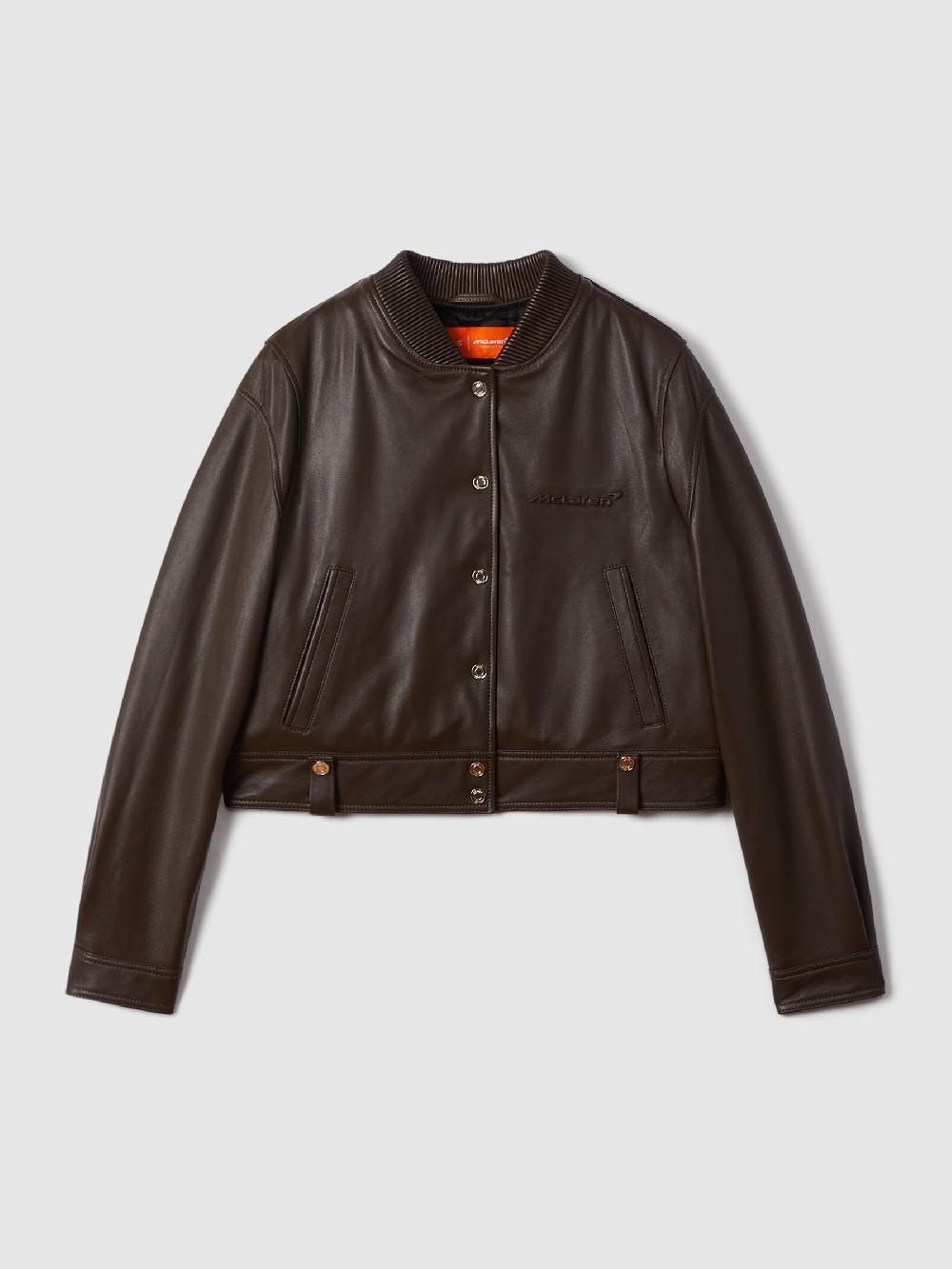 Reiss McLaren F1 Cropped Leather Bomber Jacket In Chocolate