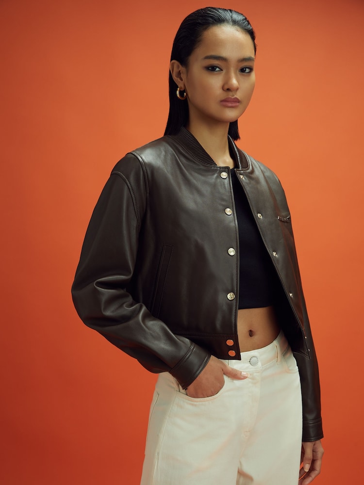 reiss McLaren F1 Cropped Leather Bomber Jacket in Chocolate