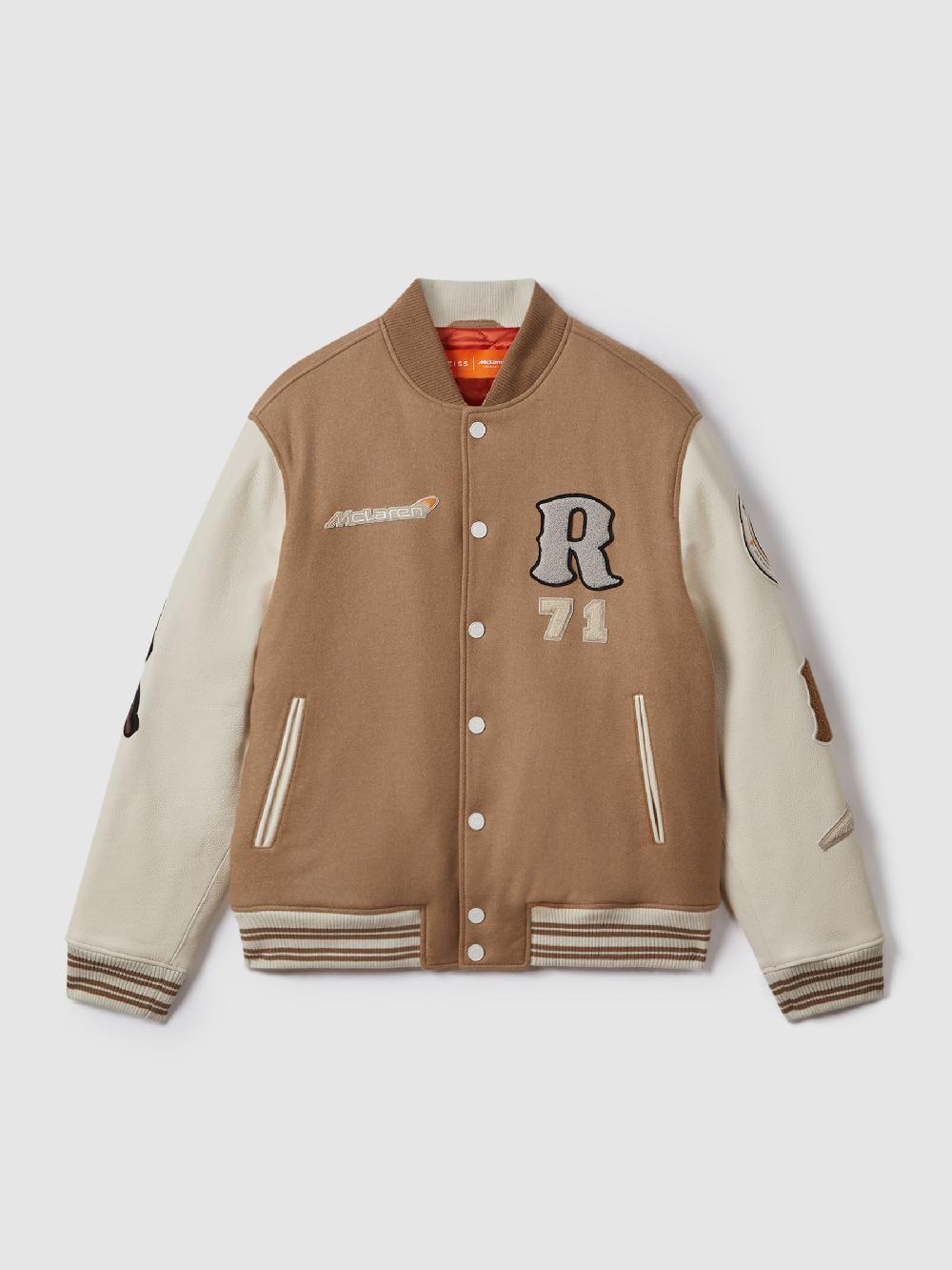 Reiss McLaren F1 Leather Varsity Jacket In Camel/Ecru