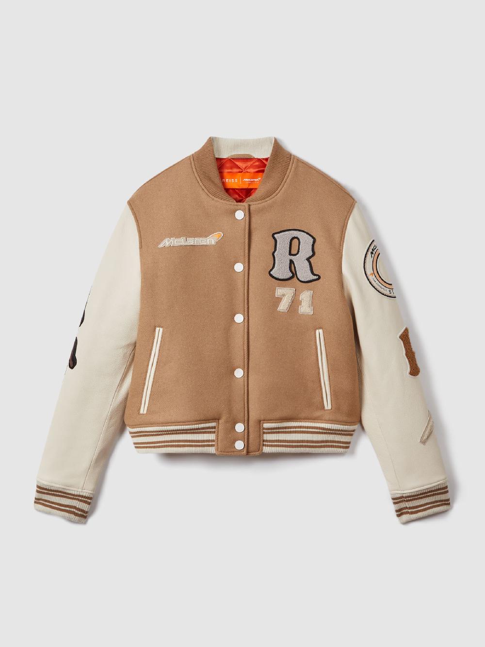 Reiss McLaren F1 Leather Varsity Jacket In Camel/Ecru