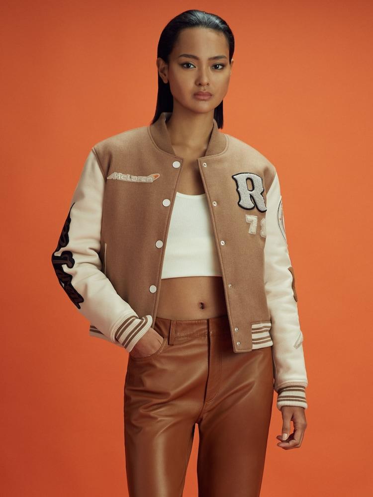 reiss McLaren F1 Leather Varsity Jacket in Camel/Ecru