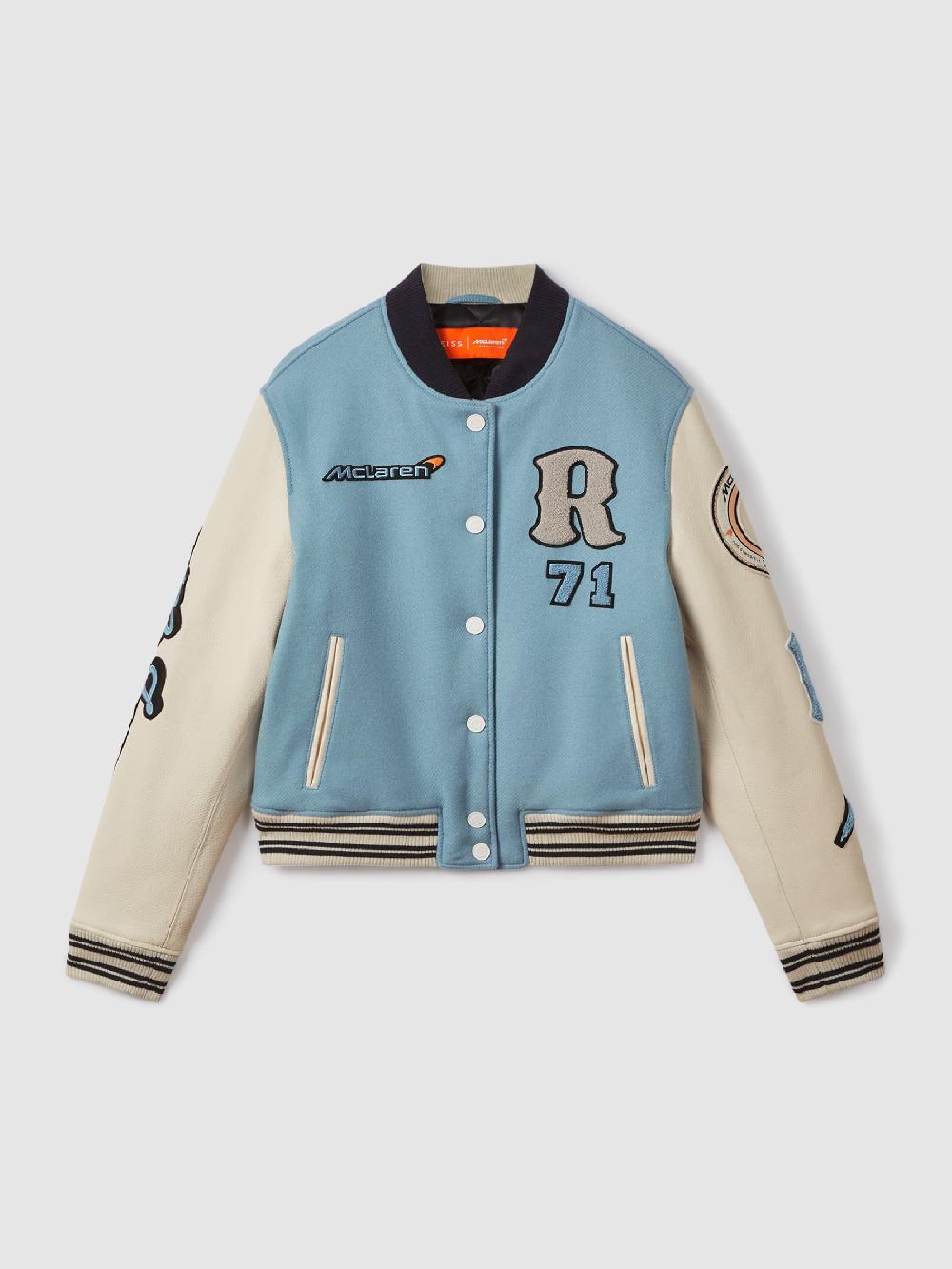 Reiss McLaren F1 Leather Varsity Jacket In Soft Blue/Ecru