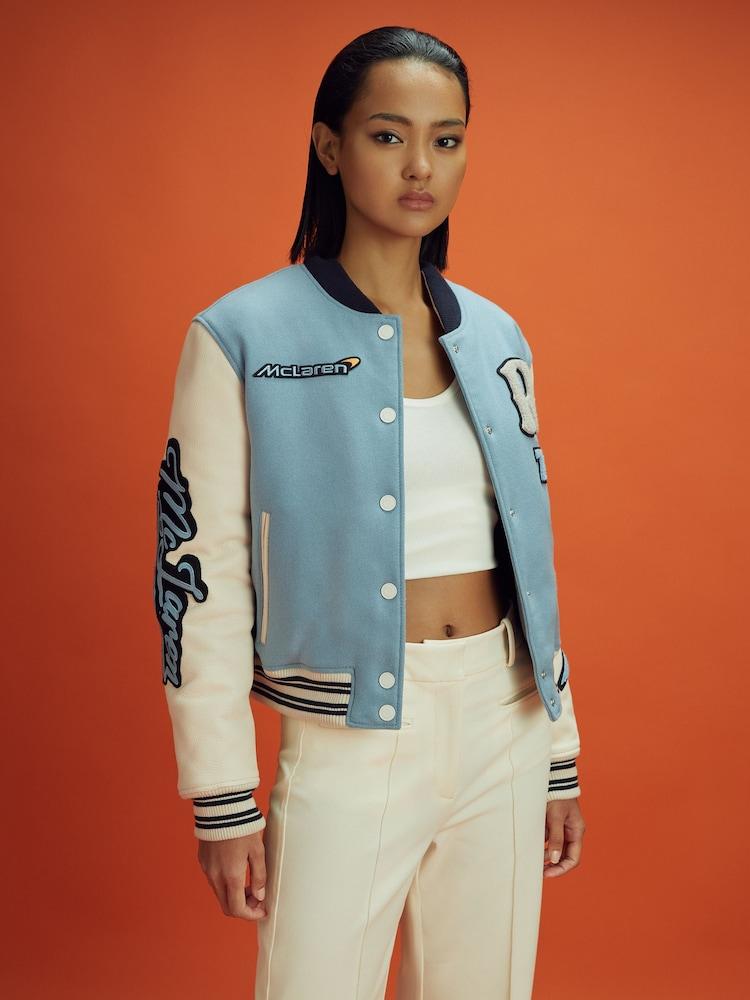 reiss McLaren F1 Leather Varsity Jacket in Soft Blue/Ecru