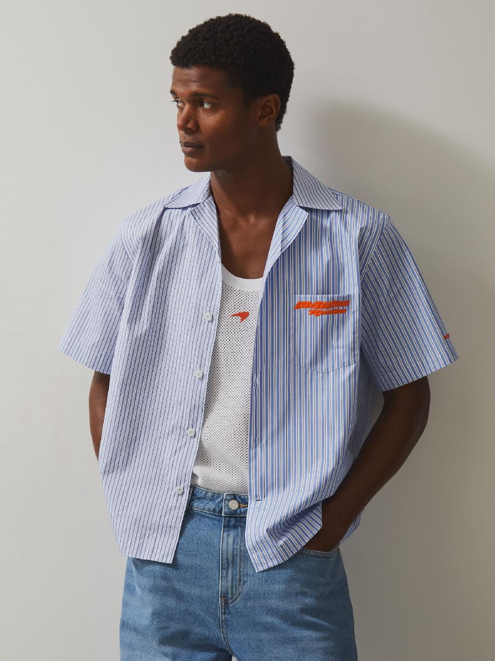 Reiss McLaren F1 Team Cuban Collar Striped Shirt In Soft Blue/White