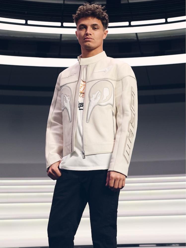 reiss McLaren F1 Team Leather Biker Jacket in Off White