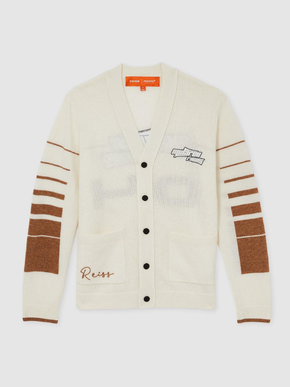 Reiss McLaren F1 Team Varsity Cardigan Wool-Cashmere In Off White/Camel