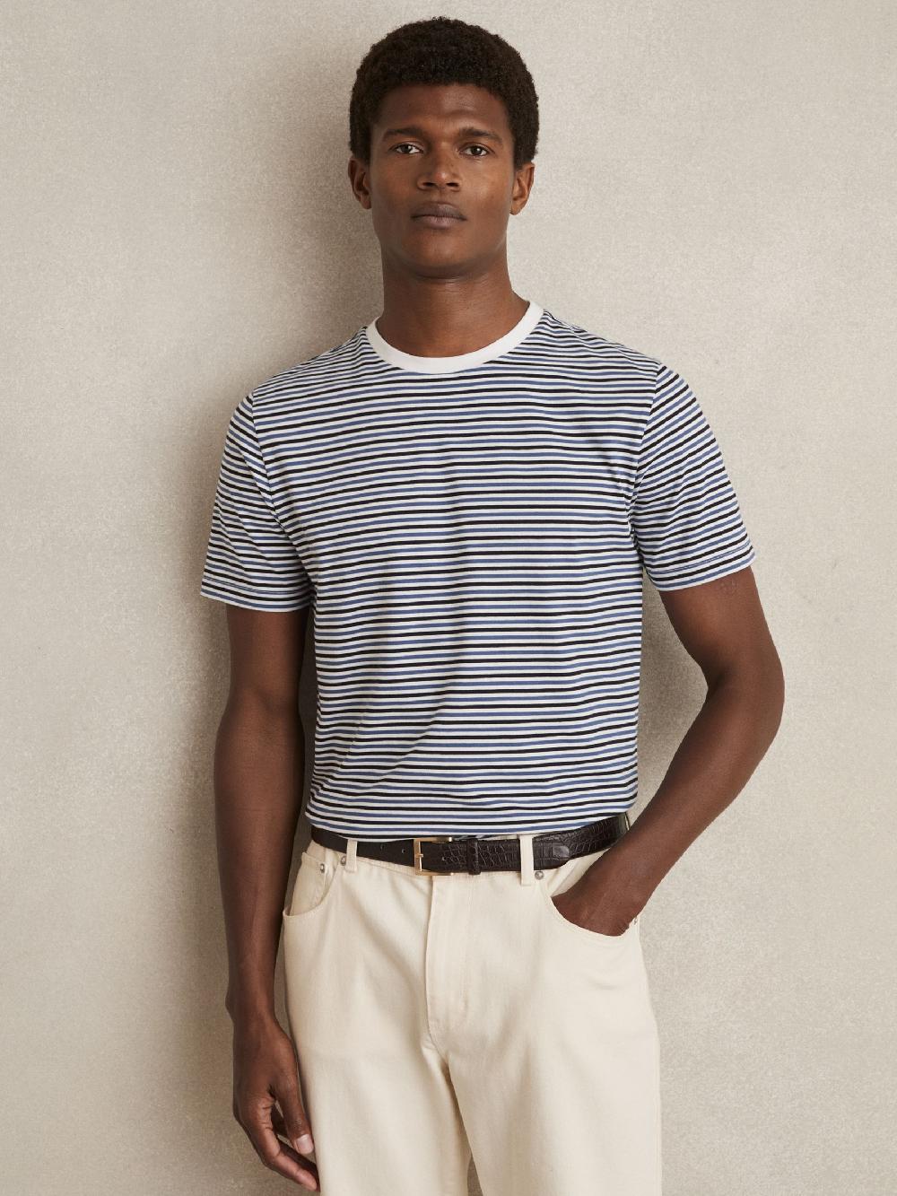 Reiss Mercerised-Cotton Stripe T-Shirt In Blue/White