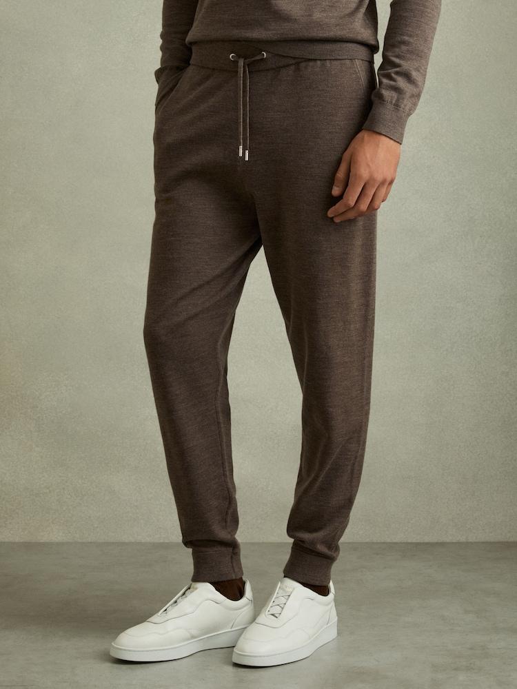 reiss Merino Wool Blend Drawstring Joggers in Dark Brown Melange