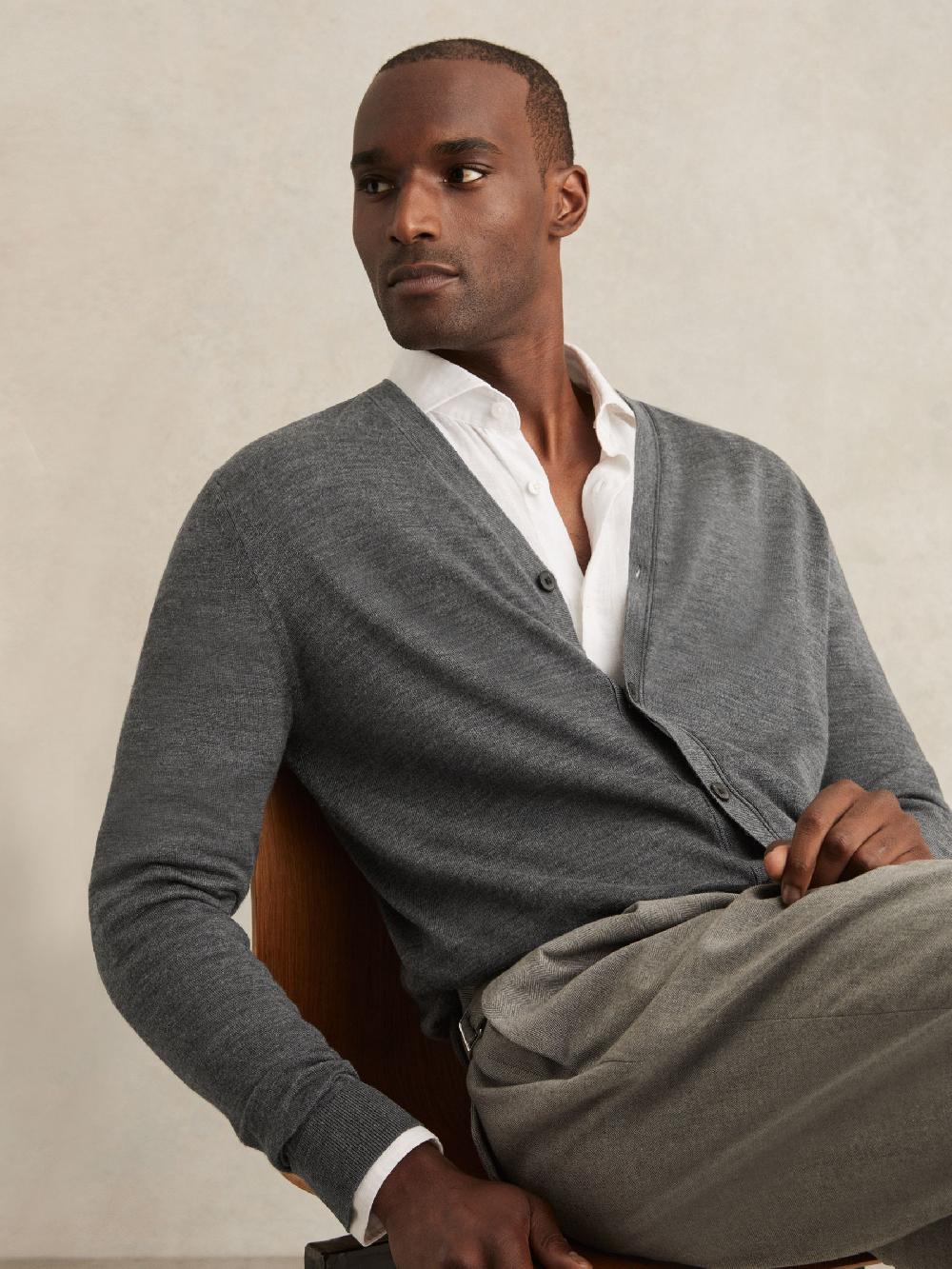 Reiss Merino Wool Button-Through Cardigan In Derby Grey Melange