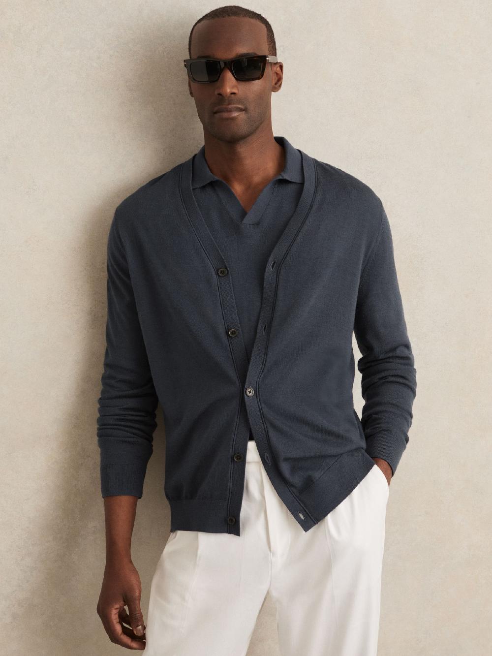 Reiss Merino Wool Button-Through Cardigan In Midnight Navy