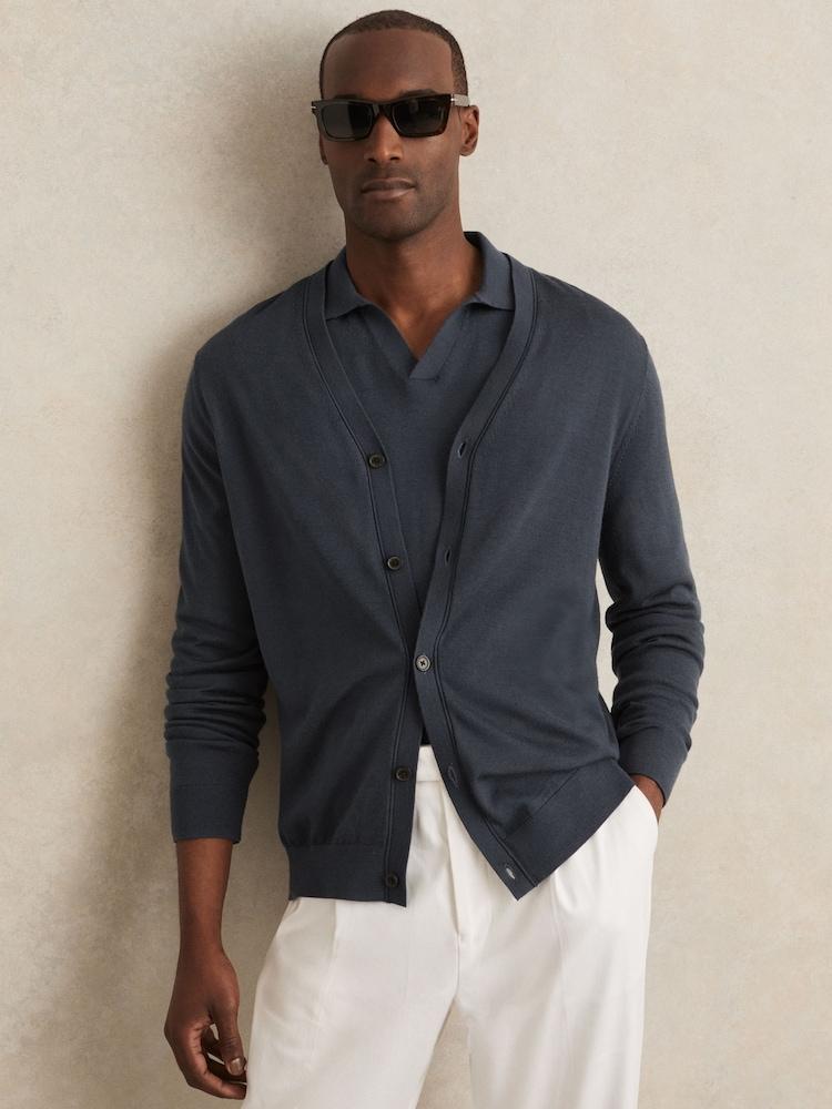 reiss Merino Wool Button-Through Cardigan in Midnight Navy