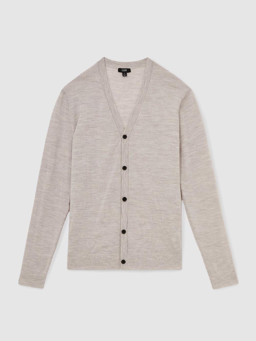 Reiss Merino Wool Button-Through Cardigan In Wicker Brown Melange