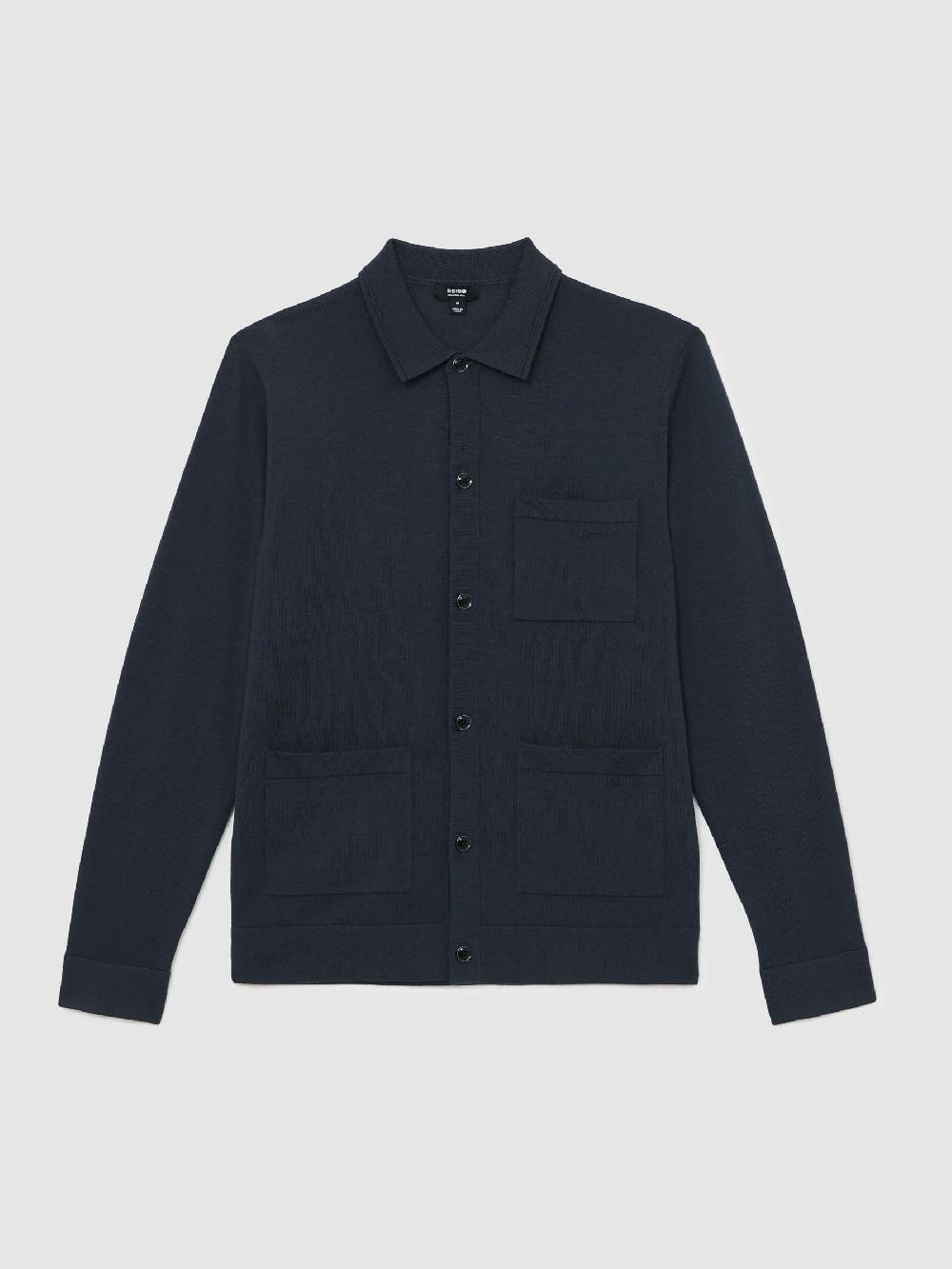 Reiss Merino Wool Button-Through Shirt In Midnight Navy