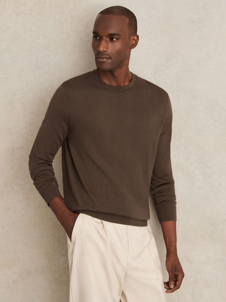 reiss Merino Wool Crew Neck Jumper in Chocolate Brown