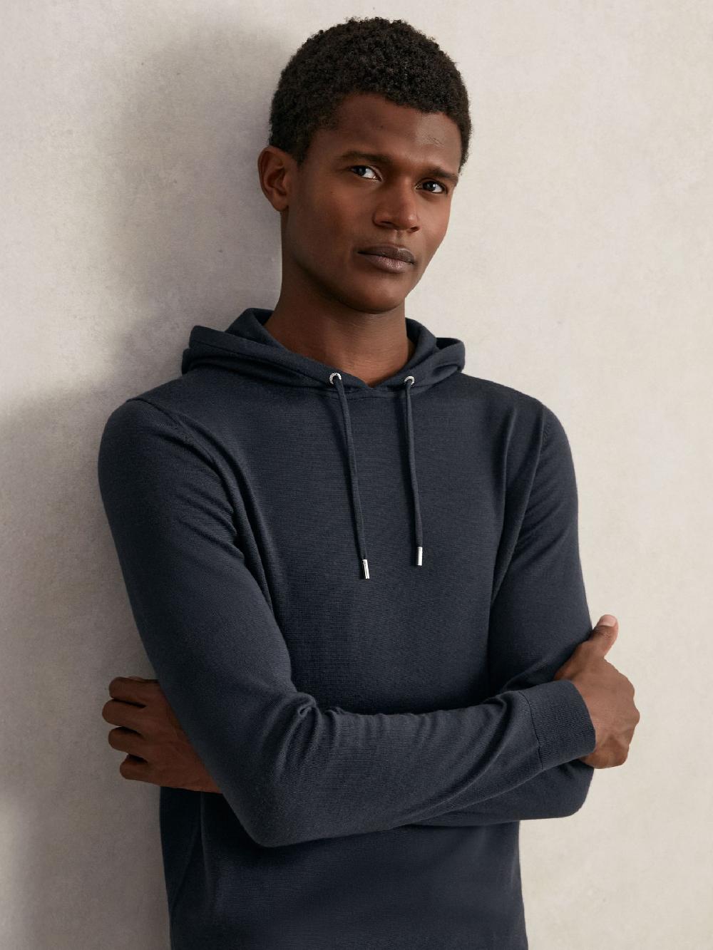 Reiss Merino Wool Drawstring Hoodie In Midnight Navy
