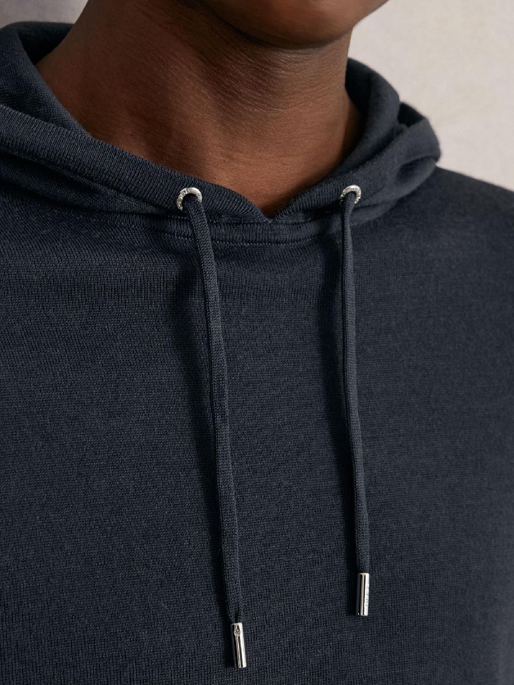 Reiss Merino Wool Drawstring Hoodie In Midnight Navy