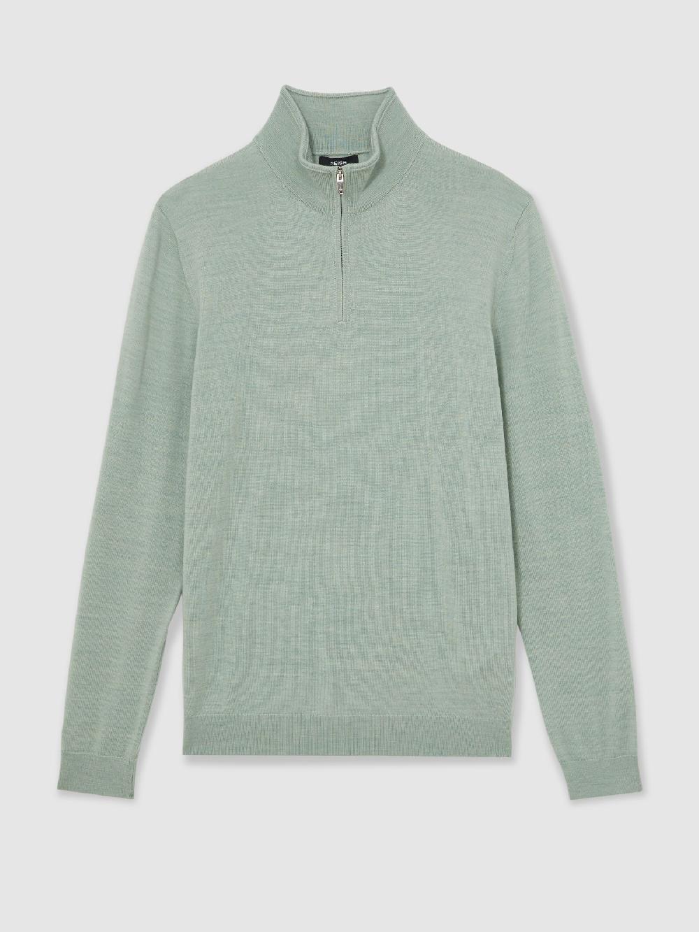 Reiss Merino Wool Half-Zip Jumper In Sage Green Melange