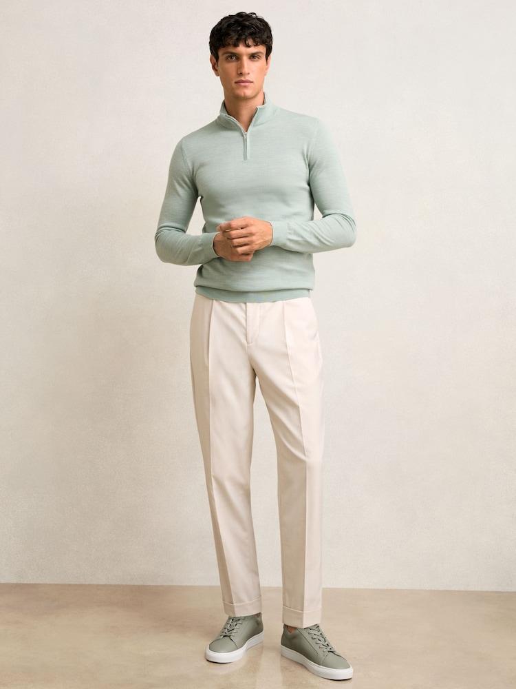 reiss Merino Wool Half-Zip Jumper in Sage Green Melange