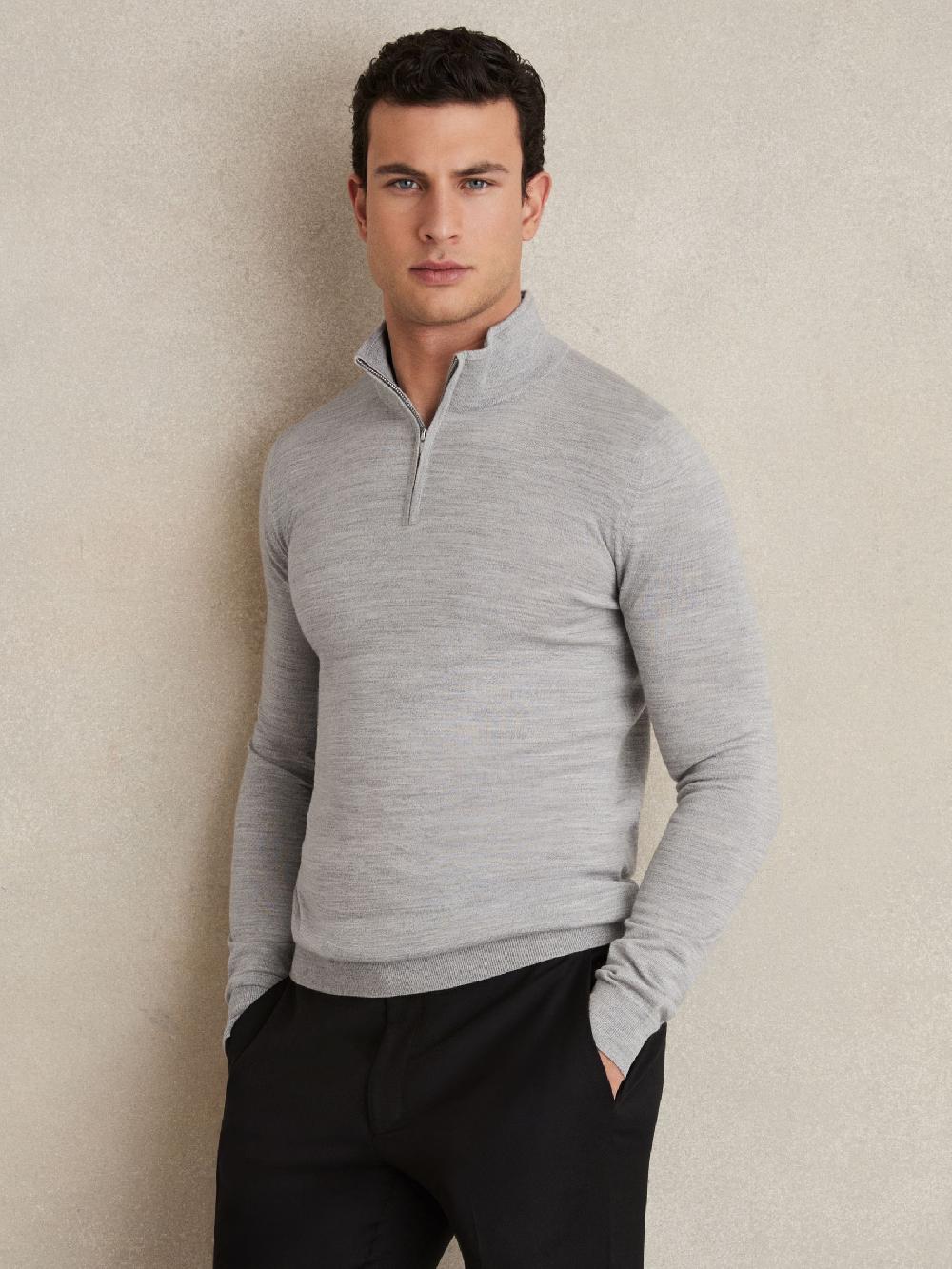 Reiss Merino Wool Half-Zip Jumper In Soft Grey Mouline