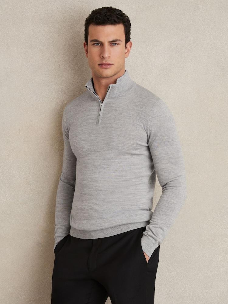reiss Merino Wool Half-Zip Jumper in Soft Grey Mouline