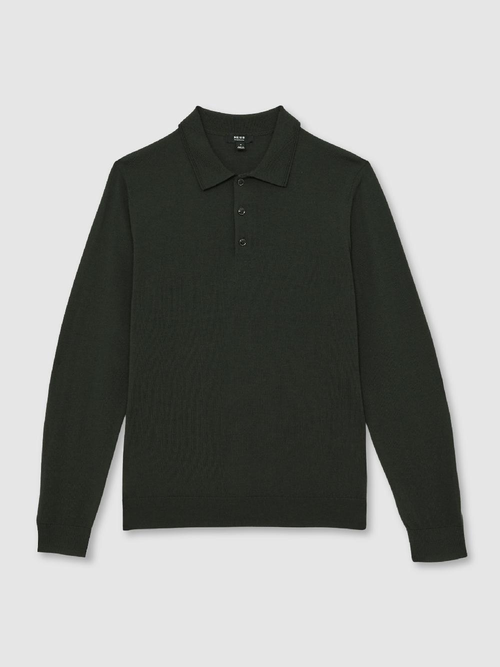 Reiss Merino Wool Long-Sleeve Polo Shirt In Dark Military Green