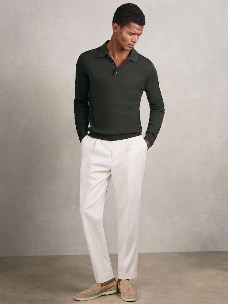 reiss Merino Wool Long-Sleeve Polo Shirt in Dark Military Green