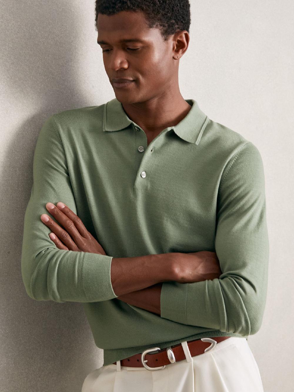 Reiss Merino Wool Long-Sleeve Polo Shirt In Harper Green