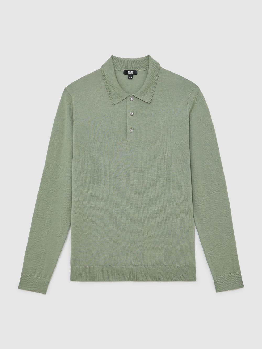 Reiss Merino Wool Long-Sleeve Polo Shirt In Harper Green