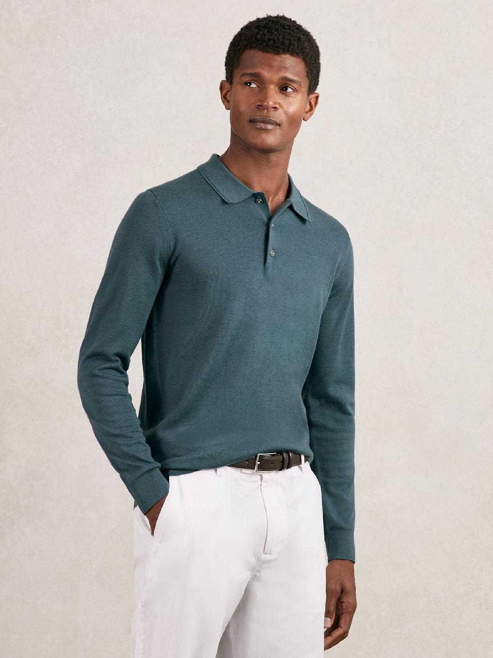 Reiss Merino Wool Long-Sleeve Polo Shirt In Orion Blue